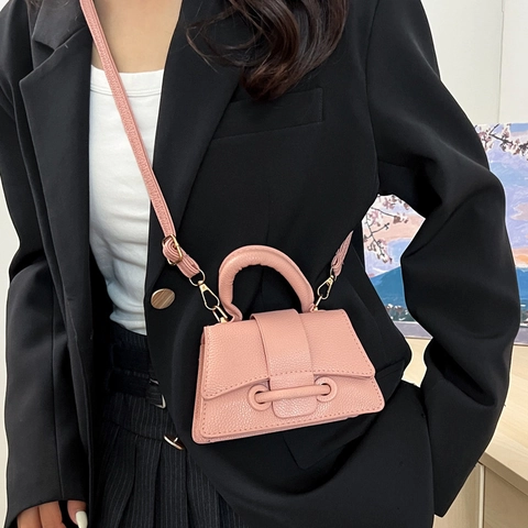 Sac à Épaule en Cuir PU Grain de Litchi pour Femmes Été Mini Rabat Poignée Supérieure Sac Carré à Bandoulière Street Chic