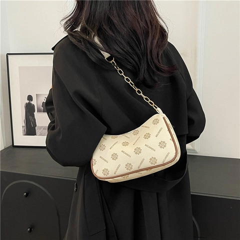 Vintage PU Monogramm Schultertasche Für Damen Retro Halbmond Hobo Tasche Mit Metallkette Große Kapazität Fashion Achseltasche