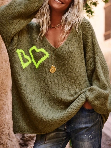 Suéter de Punto Informal para Mujer con Cuello en V Estilo Oversize Patrón de Corazón Manga Linterna Pullover Suelto Verde Militar