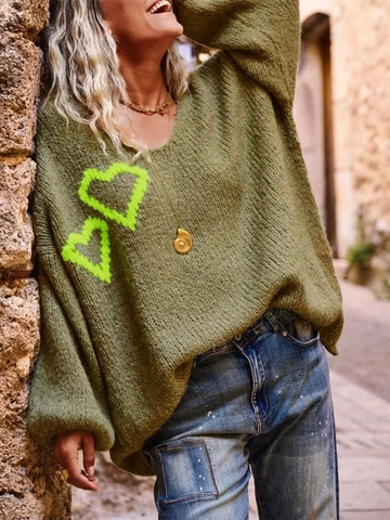 Suéter de Punto Informal para Mujer con Cuello en V Estilo Oversize Patrón de Corazón Manga Linterna Pullover Suelto Verde Militar