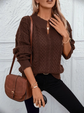 Suéter de Mujer Vintage Café de Punto de Ocho Holgado Cuello en V Manga Larga Pullover Grueso Cálido Color Sólido