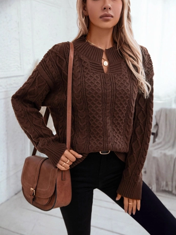 Suéter de Mujer Vintage Café de Punto de Ocho Holgado Cuello en V Manga Larga Pullover Grueso Cálido Color Sólido