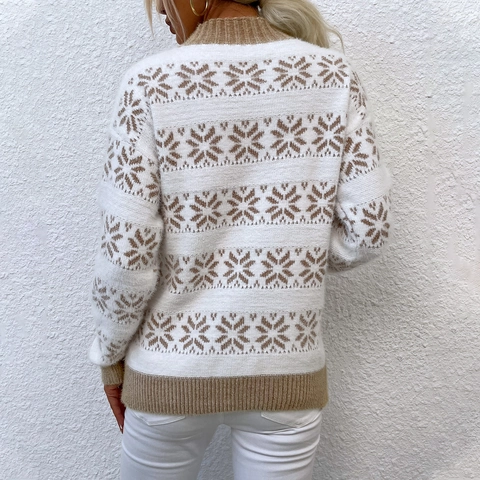 Maglione Jacquard con Fiocchi di Neve a Mezzo Dolcevita da Donna Maglieria in Pelo di Coniglio a Maniche Lunghe Natale Inverno