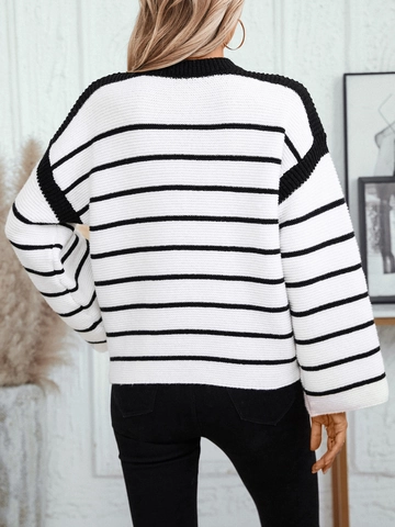 Women Oversized Striped Knitted Sweater Crew Neck Long Sleeve Pullover Contrast Color Soft Autumn Winter Vintage Top