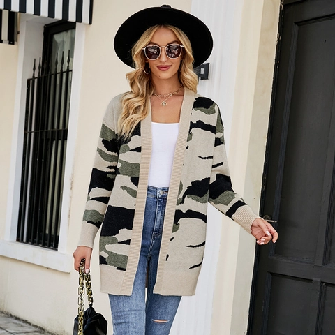 Donna Cardigan Lungo a Maglia Jacquard Mimetico Maglione Retrò Comodo Aperto Davanti Misto Pelo di Coniglio Casual Top Autunnale