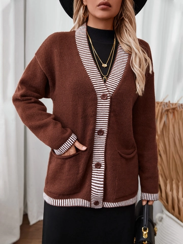 Women Striped V-Neck Knit Cardigan Sweater Single Breasted Loose Long Sleeve Open Front Top With Pockets Autumn Outwear