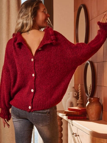 Pull en Poil de Lapin Rouge Vin Décontracté Américain pour Femme Col Montant Cardigan Large Avec Boutons au Dos Chaud