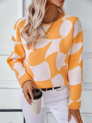 Maglione da Donna in Maglia Casual a Blocchi di Colore Girocollo Motivo Geometrico Vestibilità Ampia Pullover Manica Lunga Moda Autunno Inverno