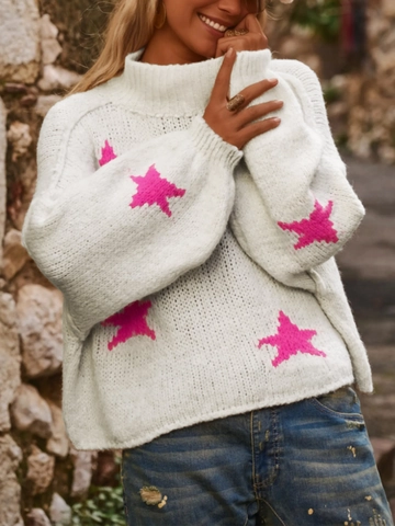 Suéter de Punto con Patrón de Estrellas para Mujer Cuello Alto Pullover Casual Holgado Manga Larga Moda Streetwear Otoño Invierno