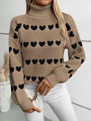 Women Heart Pattern Turtleneck Sweater Khaki Angora Knit Long Sleeve Casual Loose Pullover Warm Winter Autumn Knitwear Top