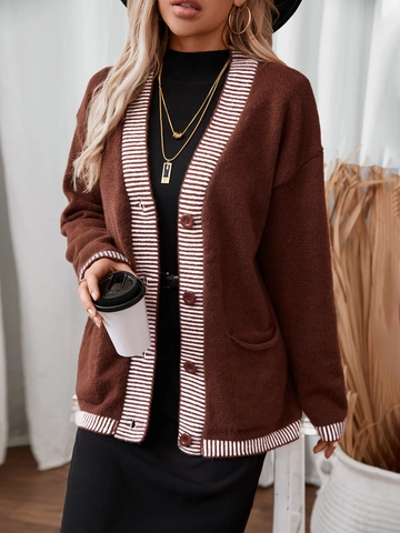 Women Striped V-Neck Knit Cardigan Sweater Single Breasted Loose Long Sleeve Open Front Top With Pockets Autumn Outwear