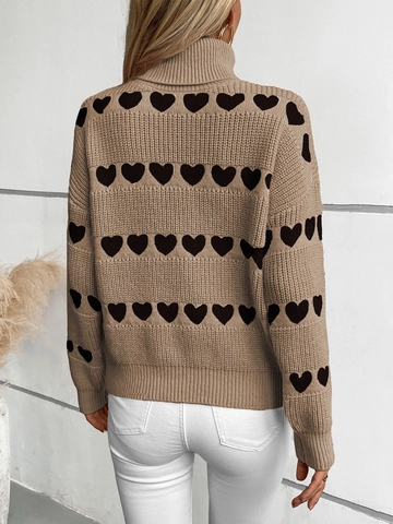 Women Heart Pattern Turtleneck Sweater Khaki Angora Knit Long Sleeve Casual Loose Pullover Warm Winter Autumn Knitwear Top