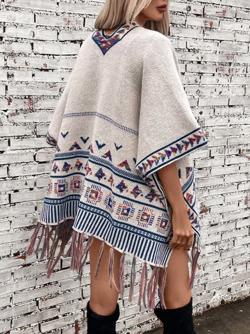 Boheems Dames Gebreide Poncho Cape Met Geometrisch Jacquard Etnische Kwastjes Open Voorkant Vleermuismouw Bovenkleding