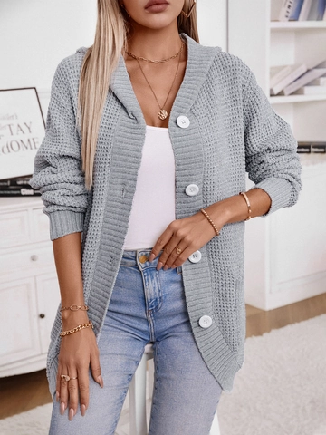 Cardigan en Maille Gauffrée Vintage pour Femmes À Capuche Manches Longues Boutonné Pull Manteau Décontracté Ample Veste