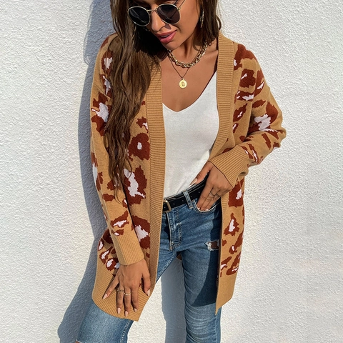 Women Leopard Print Mid-Length Knit Cardigan V-Neck Long Sleeve Loose Open Front Sweater Coat Casual Autumn Clothing