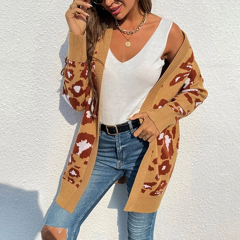 Women Leopard Print Mid-Length Knit Cardigan V-Neck Long Sleeve Loose Open Front Sweater Coat Casual Autumn Clothing