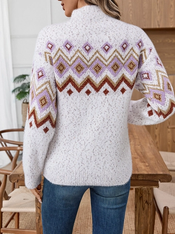 Maglione Donna in Maglia di Ciniglia a Collo Semi-Alto Vintage Jacquard Etnico Geometrico a Maniche Lunghe Casual Autunno Inverno