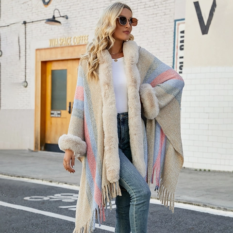 Damen Gestreifter Kapuzen-Poncho Mit Kunstfell-Verzierung Und Quasten Weicher Viskose-Strick Cape Schal Winter Warmer Eleganter Wickel