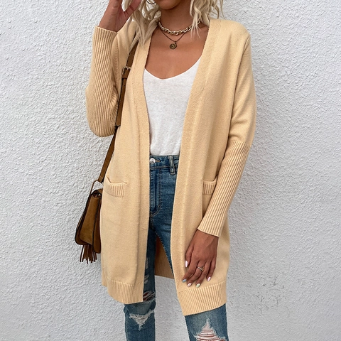 Damen Casual V Ausschnitt Strickjacke Weiche Acryl Nylon Mischung Offene Front Mittellange Einfarbige Pullover Mit Taschen