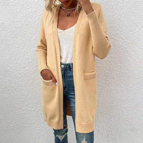 Damen Casual V Ausschnitt Strickjacke Weiche Acryl Nylon Mischung Offene Front Mittellange Einfarbige Pullover Mit Taschen
