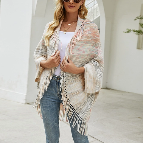 Damen Bohemian Gestrickter Poncho-Schal Mit Quasten Offene Vorderseite Gestreifter Strickjacke Pullover Wickel Herbst Winter