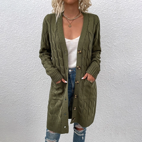 Women Long Cable Knit Cardigan Sweater Casual Loose V-Neck Button Down Outerwear With Pockets Polyester Solid Color Top