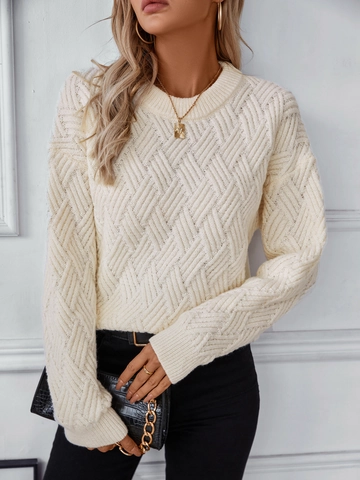 Women Loose Cable Knit Sweater Casual Round Neck Long Sleeve Solid Color Pullover Top Soft Warm Polyester Winter Knitwear