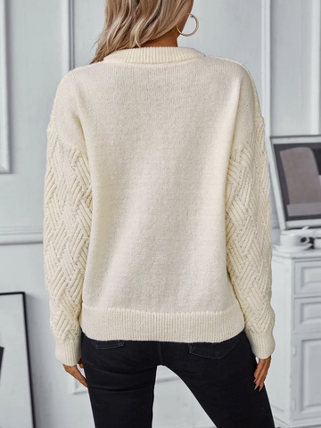Women Loose Cable Knit Sweater Casual Round Neck Long Sleeve Solid Color Pullover Top Soft Warm Polyester Winter Knitwear