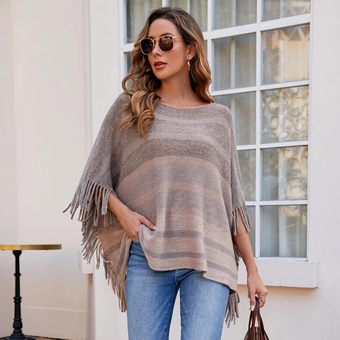 Women Striped Tassel Poncho Knit Shawl Color Block Fringe Casual Cape Wrap Soft Nylon Warp Knitting Outerwear Top