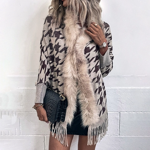 Poncho de Pata de Gallo para Mujer Cuello de Pelo Sintético Borlas Capa de Punto de Invierno Chal Cálido