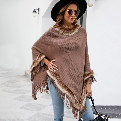 Women's Knitted Poncho Cloak With Faux Fur Collar And Tassels Warm Winter Solid Color Pullover Wrap Shawl Outerwear