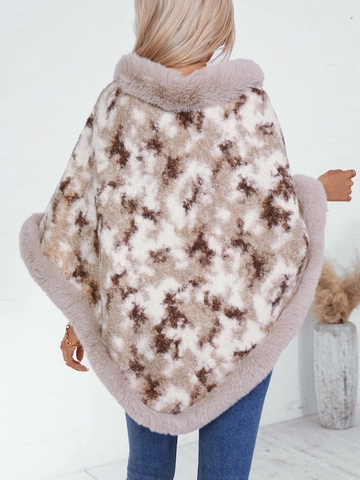 Dames Vintage Imitatiebont Trim Poncho Cape Mantel Luipaardprint Kleurblok Gebreide Omslagdoek Voor Herfst Winter Warme Bovenkleding