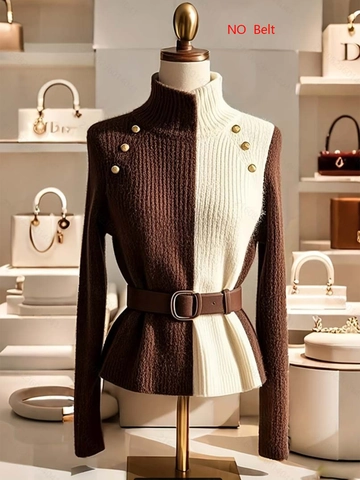 Elegant Women Patchwork Knit Sweater Gold Buttons High Neck Ribbed Pullover Color Block Autumn Winter Jumper Base Top