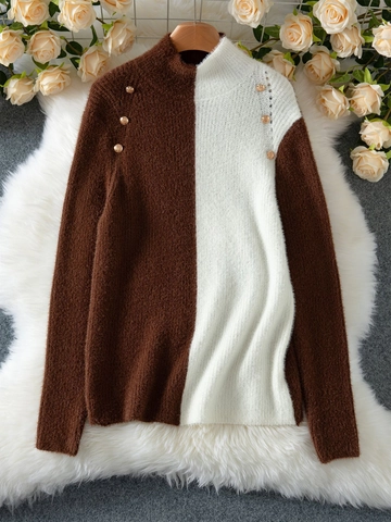 Elegant Women Patchwork Knit Sweater Gold Buttons High Neck Ribbed Pullover Color Block Autumn Winter Jumper Base Top