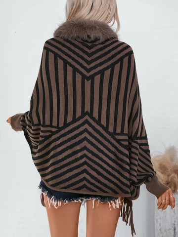 Damen Gestreifter Strick Poncho Mit Kunstpelzkragen Und Quastensaum Lockerer Fledermausärmel Herbst Winter Cape Pendler Top