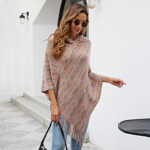 Women's Hooded Striped Tassel Poncho Knit Polyester Shawl Wrap Irregular Hem Colorful Stripe Warm Casual Autumn Winter Cape
