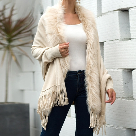 Women Knit Poncho Shawl With Faux Fur Collar Fringe Hem Solid Color Autumn Winter Batwing Sleeve Elegant Cape Outerwear