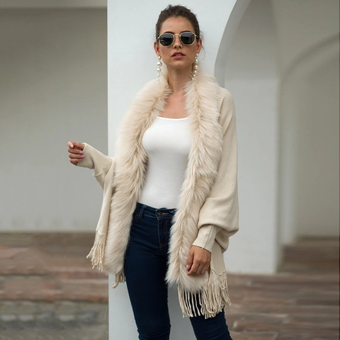 Women Knit Poncho Shawl With Faux Fur Collar Fringe Hem Solid Color Autumn Winter Batwing Sleeve Elegant Cape Outerwear