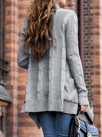 Dames Casual Middellang Gebreid Vest Effen Kleur Open Voorkant Jas Met Zakken Lange Mouw Kabelbreisel Bovenkleding