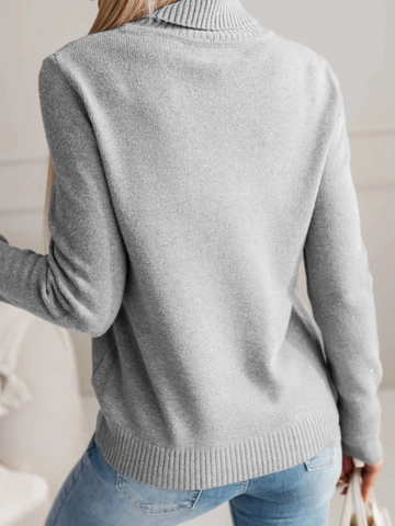 Women Elegant Turtleneck Knit Sweater Long Sleeve Solid Color Ribbed Pullover Top With Button Cuff Detail Autumn Winter