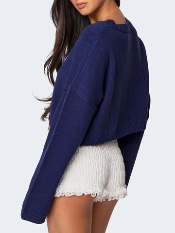 Dames Cropped Gebreide Trui met Strik Marineblauw Lange Mouw Ronde Hals Jacquard Pullover Top Mode Streetwear Breigoed