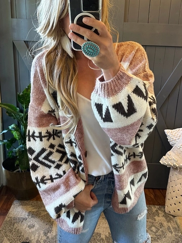 Women Geometric Jacquard Knit Cardigan V Neck Loose Fit Sweater Coat Casual Vintage Ethnic Long Sleeve Soft Open Front Top