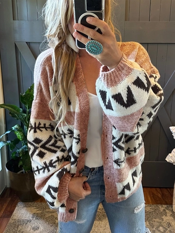Women Geometric Jacquard Knit Cardigan V Neck Loose Fit Sweater Coat Casual Vintage Ethnic Long Sleeve Soft Open Front Top