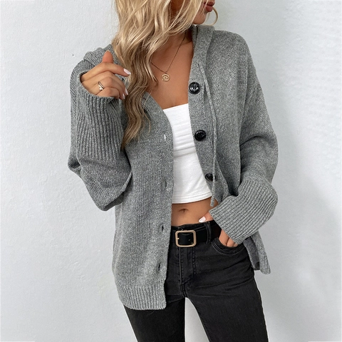 Dames Casual Gebreid Vest Met Kapuze Enkele Rij Knopen Lange Mouw Effen Kleur Trekkoord Bovenkleding Top
