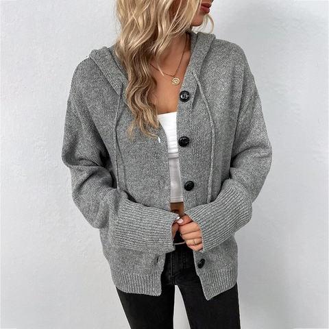 Dames Casual Gebreid Vest Met Kapuze Enkele Rij Knopen Lange Mouw Effen Kleur Trekkoord Bovenkleding Top