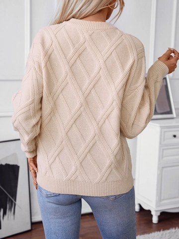 Suéter de Punto de Ocho Casual para Mujer Color Albaricoque Patrón de Rombos Cuello Redondo Manga Larga Holgado