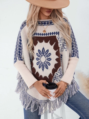 Women's Vintage Ethnic Knit Poncho Sweater Bohemian Tassel Shawl Batwing Sleeve Loose Pullover Outerwear Poncho Top