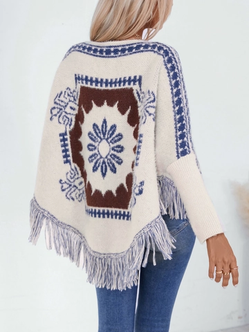 Women's Vintage Ethnic Knit Poncho Sweater Bohemian Tassel Shawl Batwing Sleeve Loose Pullover Outerwear Poncho Top