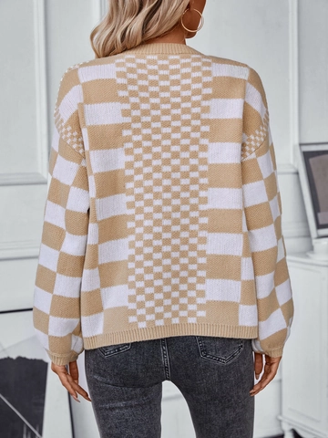 Women Rabbit Hair Contrast Color Checkerboard Knit Cardigan Casual Loose V-Neck Lantern Sleeve Sweater Autumn Winter Tops
