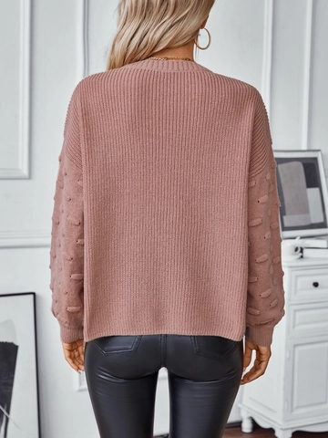 Suéter de Punto de Pelo de Conejo Holgado para Mujer Top Casual de Cuello Redondo Color Sólido Con Bolsillo Manga de Burbuja Texturizada